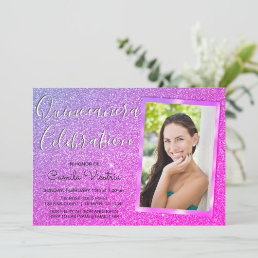 Paarse Sparkle Glitter Quinceañera Celebration Kaart (Staand voorkant)