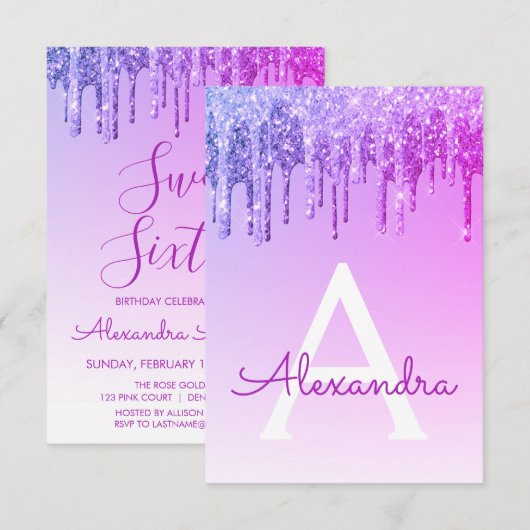 Paarse Sparkle Glitter Sweet Zestien Verjaardag Kaart (Voorkant / Achterkant)