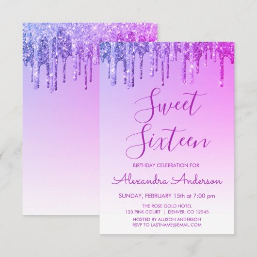 Paarse Sparkle Glitter Sweet Zestien Verjaardag Kaart (Voorkant / Achterkant)