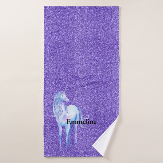 Paarse Sparkle Glitter Unicorn Name Bad Handdoek (Badhanddoek)