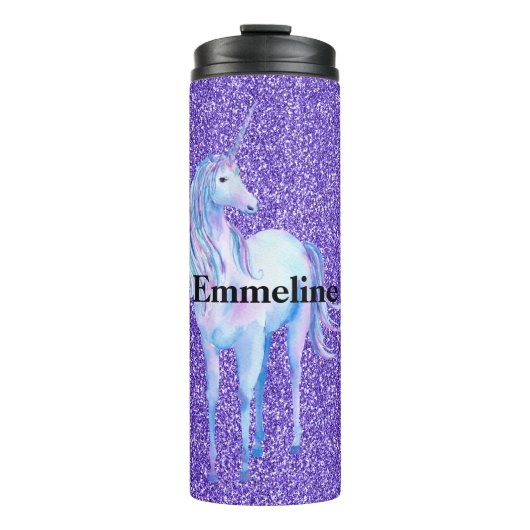 Paarse Sparkle Glitter Unicorn Name Thermosbeker (Voorkant)