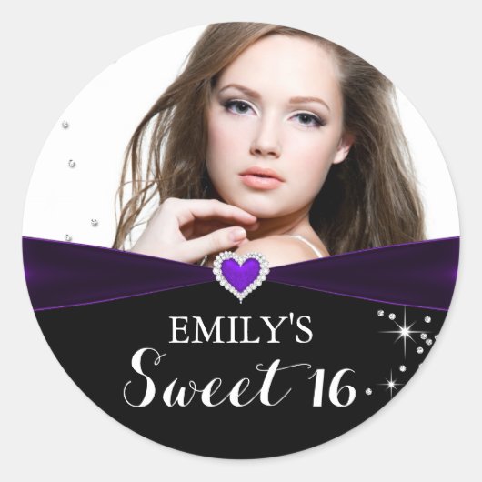 Paarse Sparkle Heart Photo Sweet Sixteen Sticker (Voorkant)