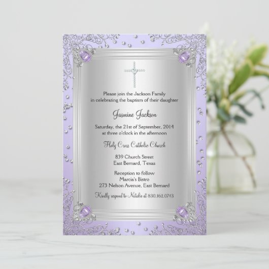Paarse Sparkle Jewel Baptism/Christening Invite Kaart (Staand voorkant)