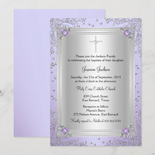 Paarse Sparkle Jewel Baptism/Christening Invite Kaart (Voorkant / Achterkant)