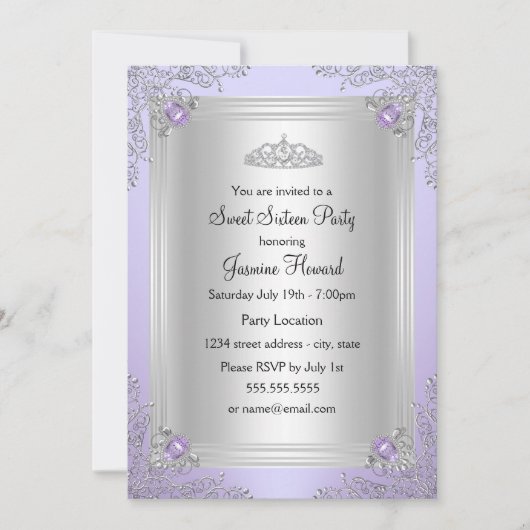Paarse Sparkle Jewel & Tiara Sweet 16 Uitnodiging (Voorkant)