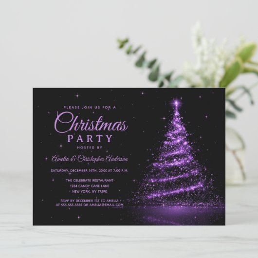 Paarse Sparkle Light Tree kerstfeest Kaart (Staand voorkant)