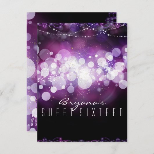 Paarse Sparkle Lights Glam Verjaardagsfeestje Uitnodiging Briefkaart (Voorkant / Achterkant)