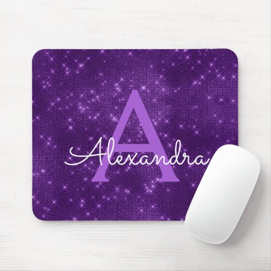 Paarse Sparkle Modern Monogram Naam Mousepad Muismat (Met muis)