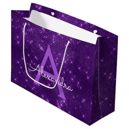 Paarse Sparkle Monogram - Jouw naam toevoegen Large Cadeautasje (Voorkant Gekanteld)