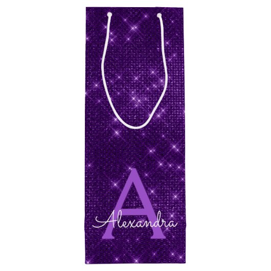 Paarse Sparkle Monogram - Jouw naam toevoegen Wijn Cadeautas (Achterkant)