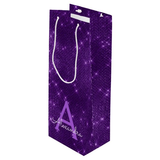 Paarse Sparkle Monogram - Jouw naam toevoegen Wijn Cadeautas (Voorkant Gekanteld)