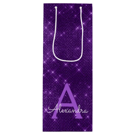Paarse Sparkle Monogram - Jouw naam toevoegen Wijn Cadeautas (Voorkant)