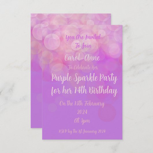 Paarse Sparkle Party Uitnodiging (Voorkant / Achterkant)