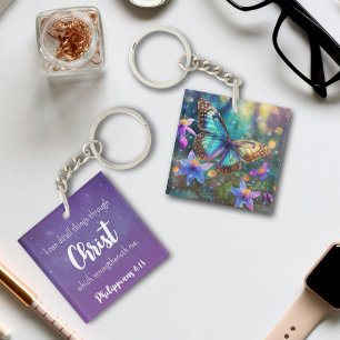 Paarse Sparkle Philippians 4:13 Verse Vlinder Sleutelhanger