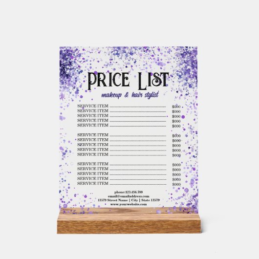 Paarse Sparkle prijslijst voor schoonheidsprofessi Acryl Bord (Voorkant)