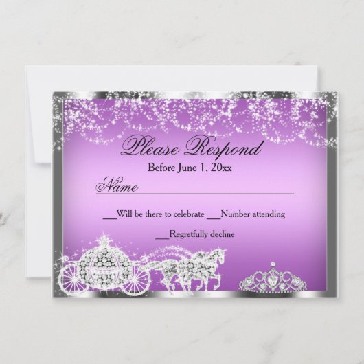 Paarse Sparkle Princess Theme RSVP Antwoord Kaart (Voorkant)