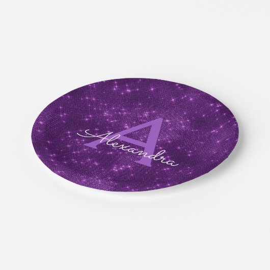 Paarse Sparkle & Shimmer Monogram Verjaardag Papieren Bordje (Gekanteld)
