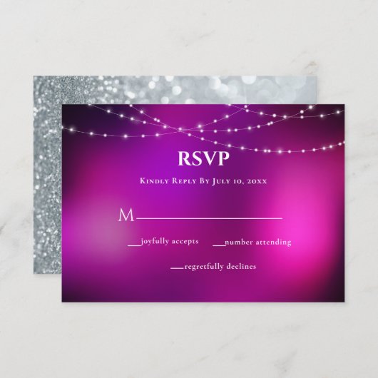 Paarse Sparkle Silver String Lights Wedding RSVP Kaartje (Voorkant / Achterkant)