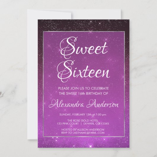 Paarse Sparkle Sky Sweet 16 verjaardagsuitnodiging Kaart (Voorkant)