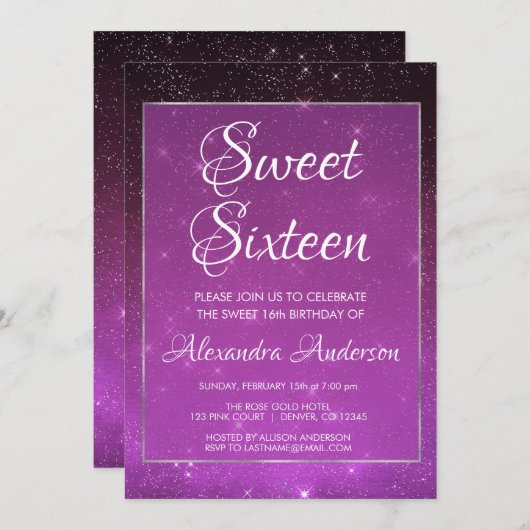 Paarse Sparkle Sky Sweet 16 verjaardagsuitnodiging Kaart (Voorkant / Achterkant)