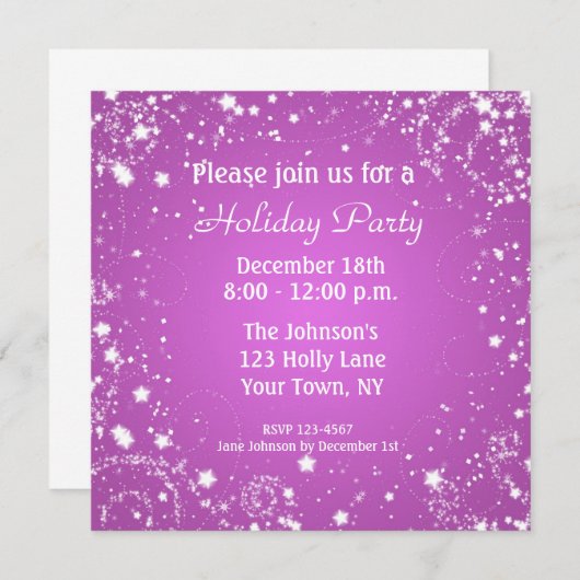 Paarse Sparkle Stars Party Invitation Kaart (Voorkant / Achterkant)