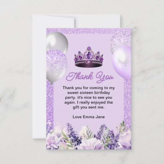 Paarse Sparkle Sweet 16 verjaardagsfeestje Bedankkaart (Voorkant)