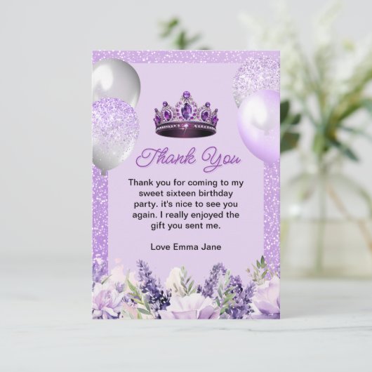 Paarse Sparkle Sweet 16 verjaardagsfeestje Bedankkaart (Staand voorkant)