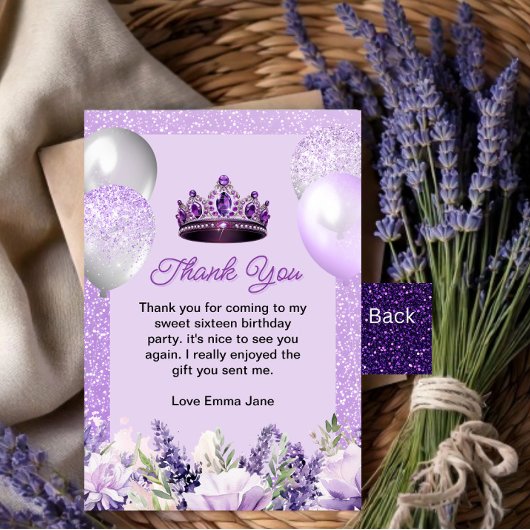 Paarse Sparkle Sweet 16 verjaardagsfeestje Bedankkaart