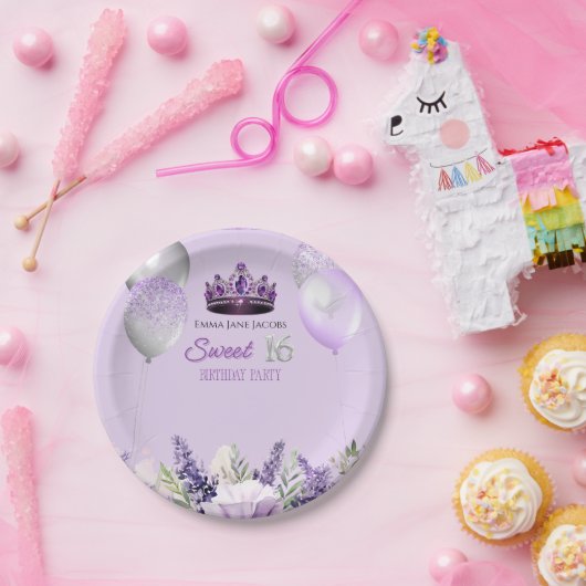Paarse Sparkle Sweet 16 verjaardagsfeestje Papieren Bordje (Feest)