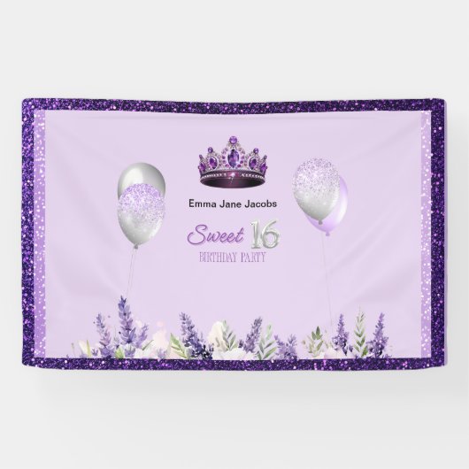 Paarse Sparkle Sweet 16 verjaardagsfeestje Spandoek (Horizontaal)