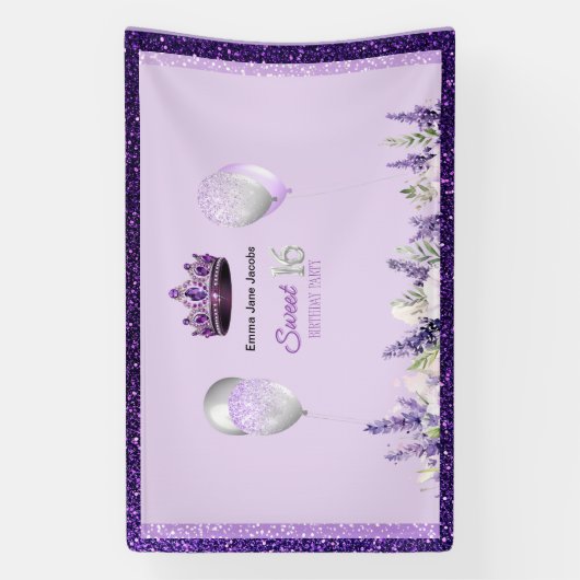 Paarse Sparkle Sweet 16 verjaardagsfeestje Spandoek (Verticaal)