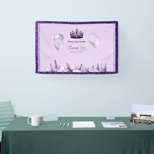 Paarse Sparkle Sweet 16 verjaardagsfeestje Spandoek (Beurs)