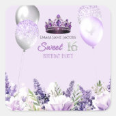 Paarse Sparkle Sweet 16 verjaardagsfeestje Vierkante Sticker (Voorkant)