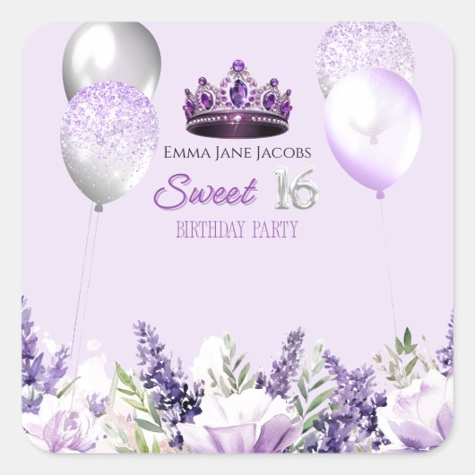 Paarse Sparkle Sweet 16 verjaardagsfeestje Vierkante Sticker (Voorkant)
