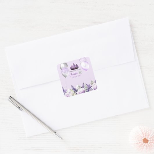 Paarse Sparkle Sweet 16 verjaardagsfeestje Vierkante Sticker (Envelop)