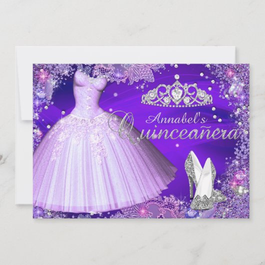 Paarse Sparkle Tiara & Dress Quinceanera nodigt ui Kaart (Voorkant)