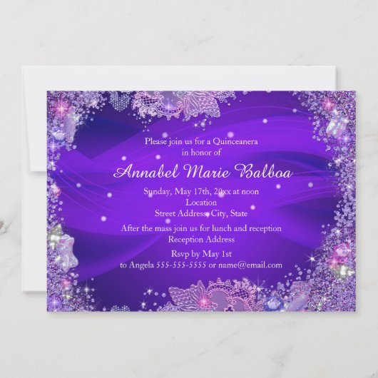Paarse Sparkle Tiara & Dress Quinceanera nodigt ui Kaart (Achterkant)