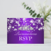 Paarse Sparkle Tiara & Stars Quinceanera RSVP (Staand voorkant)