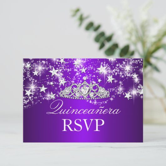 Paarse Sparkle Tiara & Stars Quinceanera RSVP (Staand voorkant)