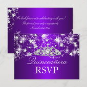Paarse Sparkle Tiara & Stars Quinceanera RSVP (Voorkant / Achterkant)