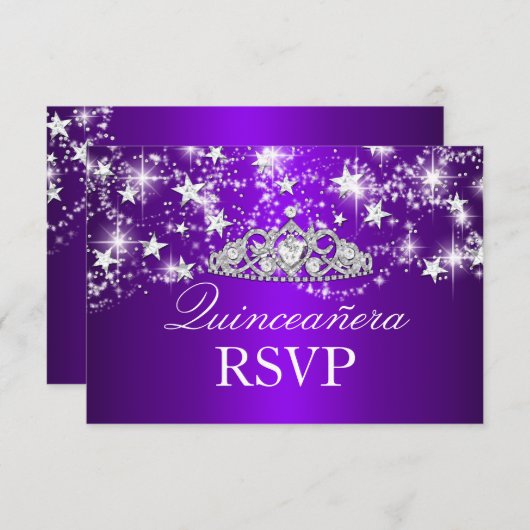 Paarse Sparkle Tiara & Stars Quinceanera RSVP (Voorkant / Achterkant)