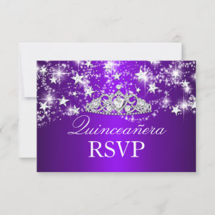 Paarse Sparkle Tiara & Stars Quinceanera RSVP Kaartje