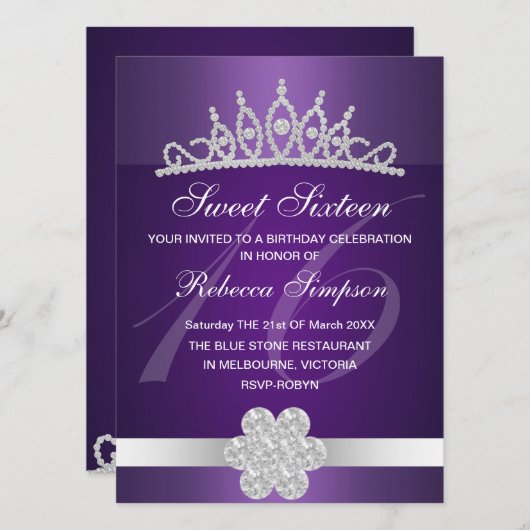 Paarse Sparkle Tiara Verjaardagsuitnodiging Kaart (Voorkant / Achterkant)