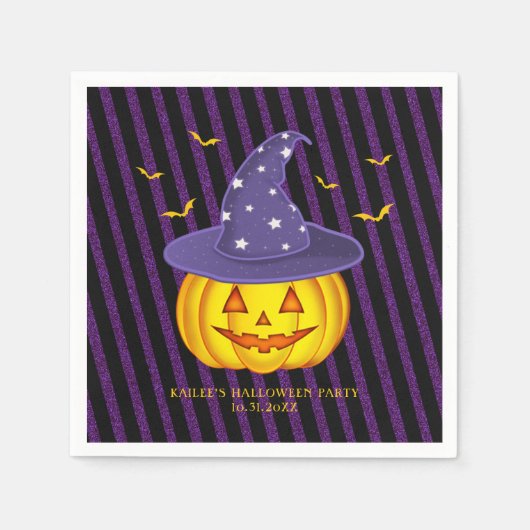 Paarse Sparkles & Black Stripes Halloween Pumpkin Servet (Voorkant)