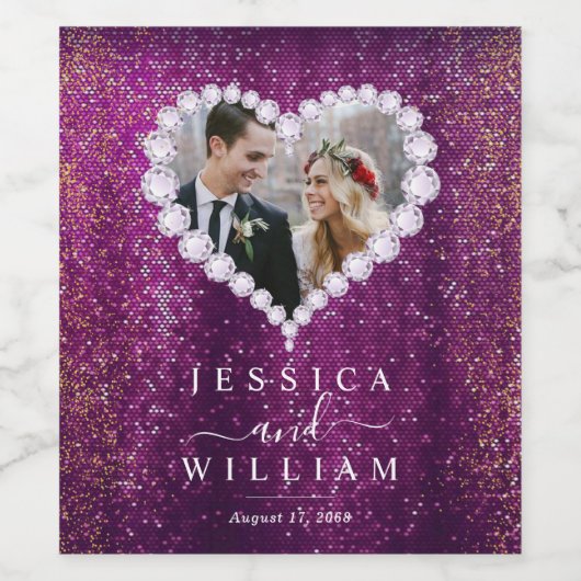 Paarse Sparkly Glitter Custom Weddenfoto Wijn Etiket (Enkel label)