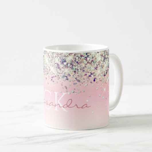 Paarse Sparkly Glitter Monogrammed Girly Pink Coff Koffiemok (Voorkant rechts)
