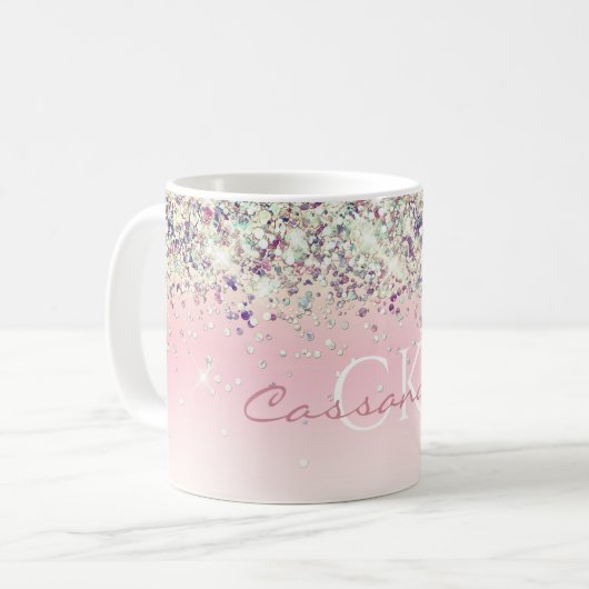 Paarse Sparkly Glitter Monogrammed Girly Pink Coff Koffiemok (Voorkant links)