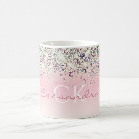 Paarse Sparkly Glitter Monogrammed Girly Pink Coff Koffiemok (Center)