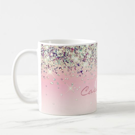 Paarse Sparkly Glitter Monogrammed Girly Pink Coff Koffiemok (Links)
