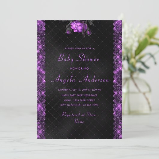 Paarse Sparkly Ingelijste Baby Meisje Douche Uitno (Staand voorkant)